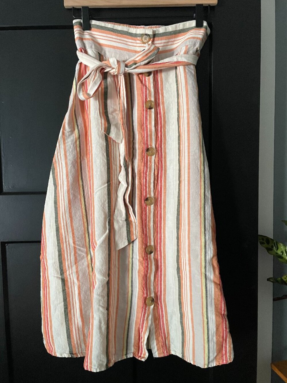 A New Day, Striped Linen Blend Midi Skirt, Small